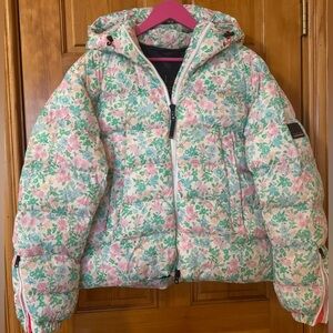 LoveShackFancy Pink and Green Floral Puffer Jacket
